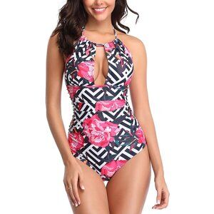 🍒 2/$20 New Women's One Piece Tummy Control Halter Top Bathing Suit Pink Floral